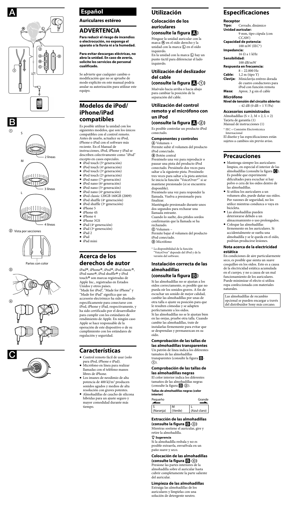 Utilización, Especificaciones, Precauciones | Español, Advertencia, Modelos de ipod/ iphone/ipad compatibles, Acerca de los derechos de autor, Características | Sony DR-EX12iP User Manual | Page 2 / 2