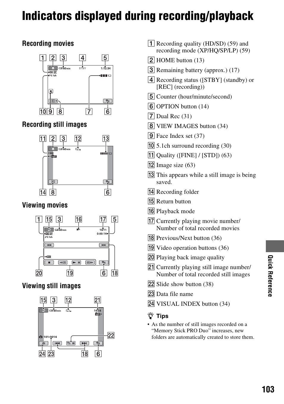 Indicators displayed during recording/playback, Indicators displayed during recording, Playback | Sony HDR-CX7 User Manual | Page 103 / 109