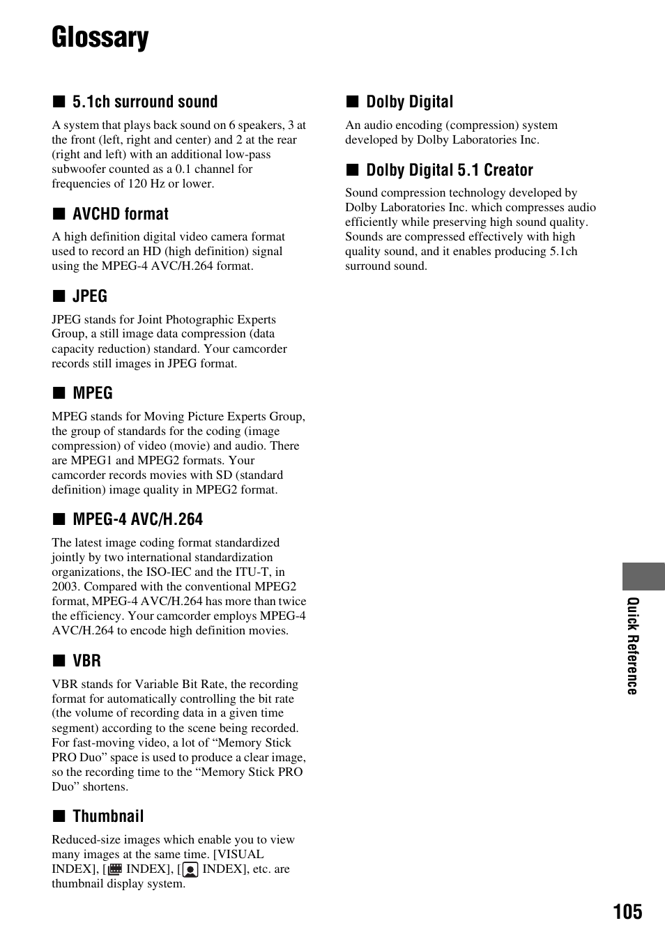 Glossary | Sony HDR-CX7 User Manual | Page 105 / 109
