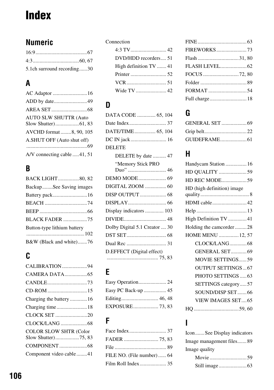 Index, Numeric | Sony HDR-CX7 User Manual | Page 106 / 109