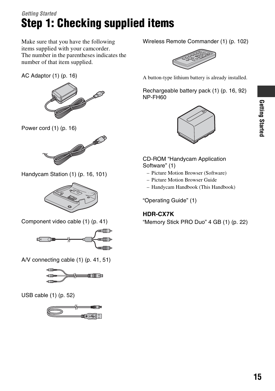 Getting started, Step 1: checking supplied items, Y (p. 15) | Sony HDR-CX7 User Manual | Page 15 / 109