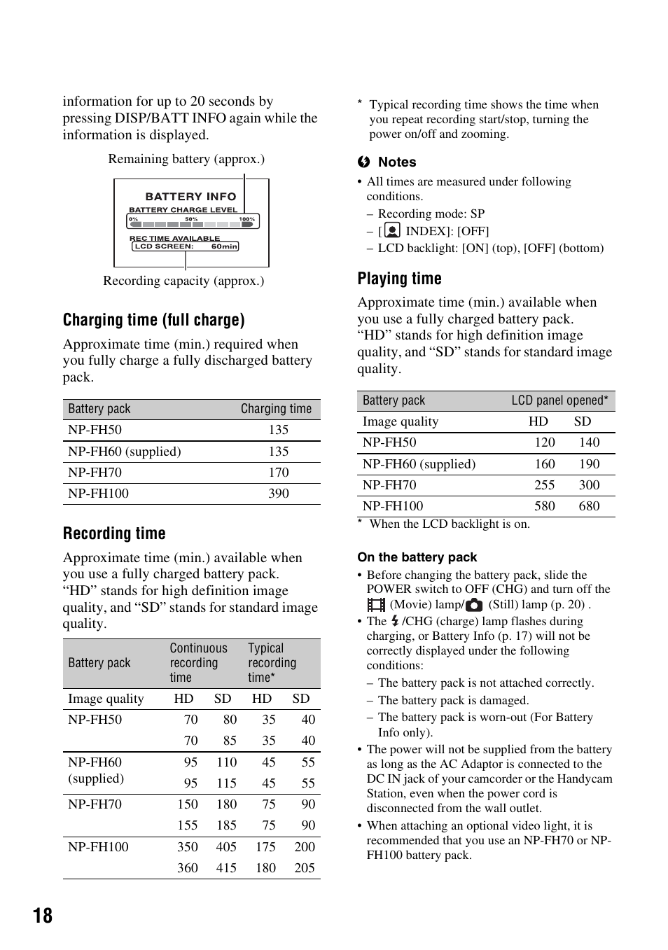 Charging time (full charge), Recording time, Playing time | Sony HDR-CX7 User Manual | Page 18 / 109