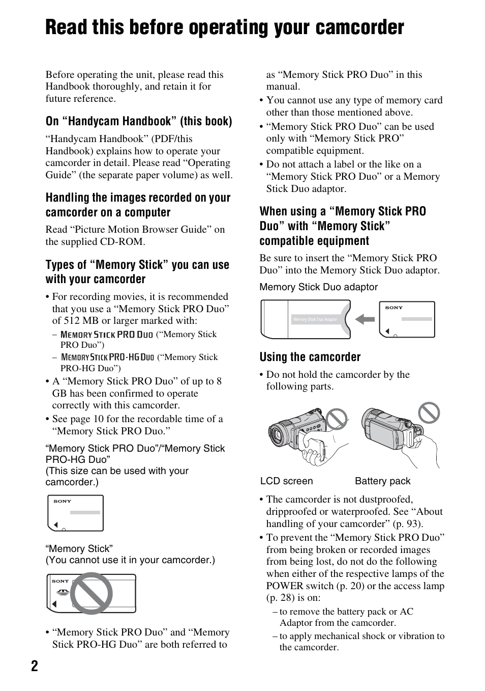 Read this before operating your camcorder | Sony HDR-CX7 User Manual | Page 2 / 109