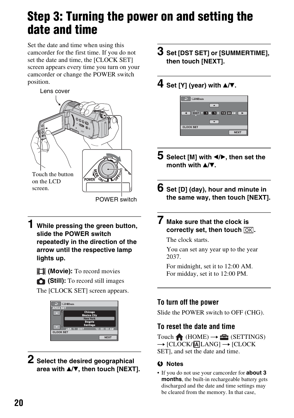 P. 20, Step 3: turning the power on and, Setting the date and time | Sony HDR-CX7 User Manual | Page 20 / 109