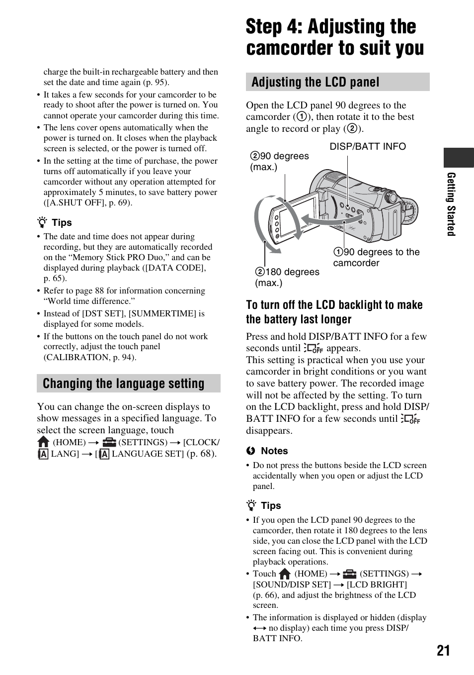 Changing the language setting, Step 4: adjusting the camcorder to suit you, Step 4: adjusting the camcorder to | Suit you, Adjusting the lcd panel | Sony HDR-CX7 User Manual | Page 21 / 109
