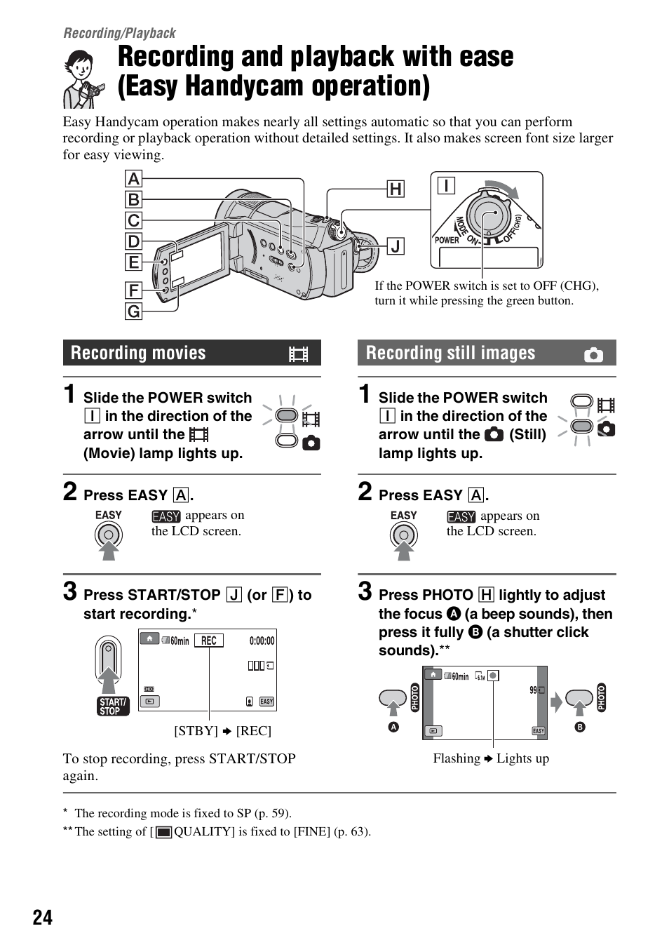 Recording/playback, Recording/playback 24, Recording and playback with ease | Easy handycam operation), P. 24) | Sony HDR-CX7 User Manual | Page 24 / 109