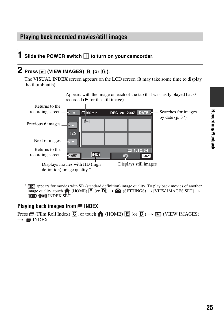 Playing back recorded movies/still images | Sony HDR-CX7 User Manual | Page 25 / 109