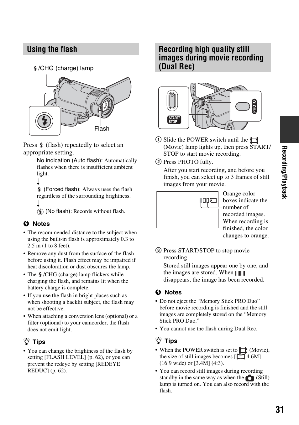 Using the flash | Sony HDR-CX7 User Manual | Page 31 / 109