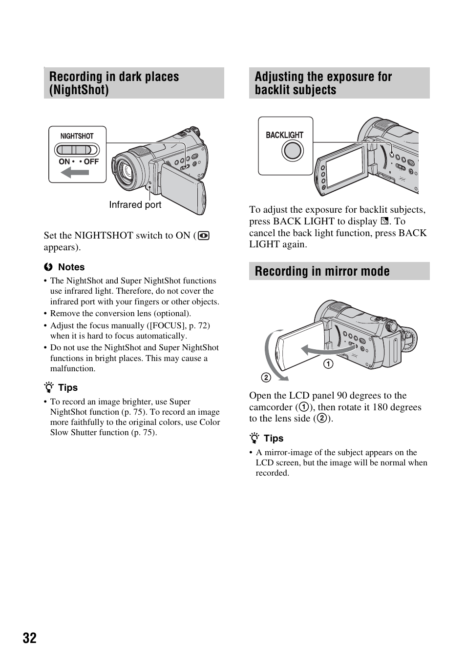Recording in dark places (nightshot), Adjusting the exposure for backlit subjects, Recording in mirror mode | Sony HDR-CX7 User Manual | Page 32 / 109
