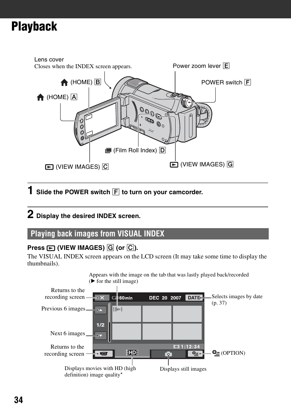 Playback, P. 34), Playing back images from visual index | Sony HDR-CX7 User Manual | Page 34 / 109