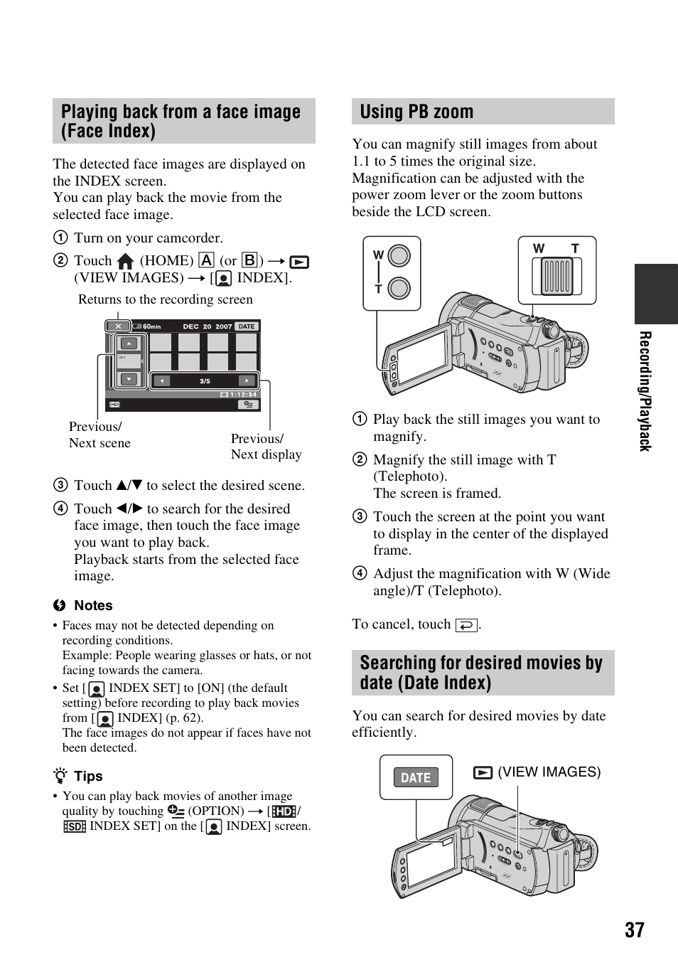 Playing back from a face image (face index), Using pb zoom, Searching for desired movies by date (date index) | Sony HDR-CX7 User Manual | Page 37 / 109