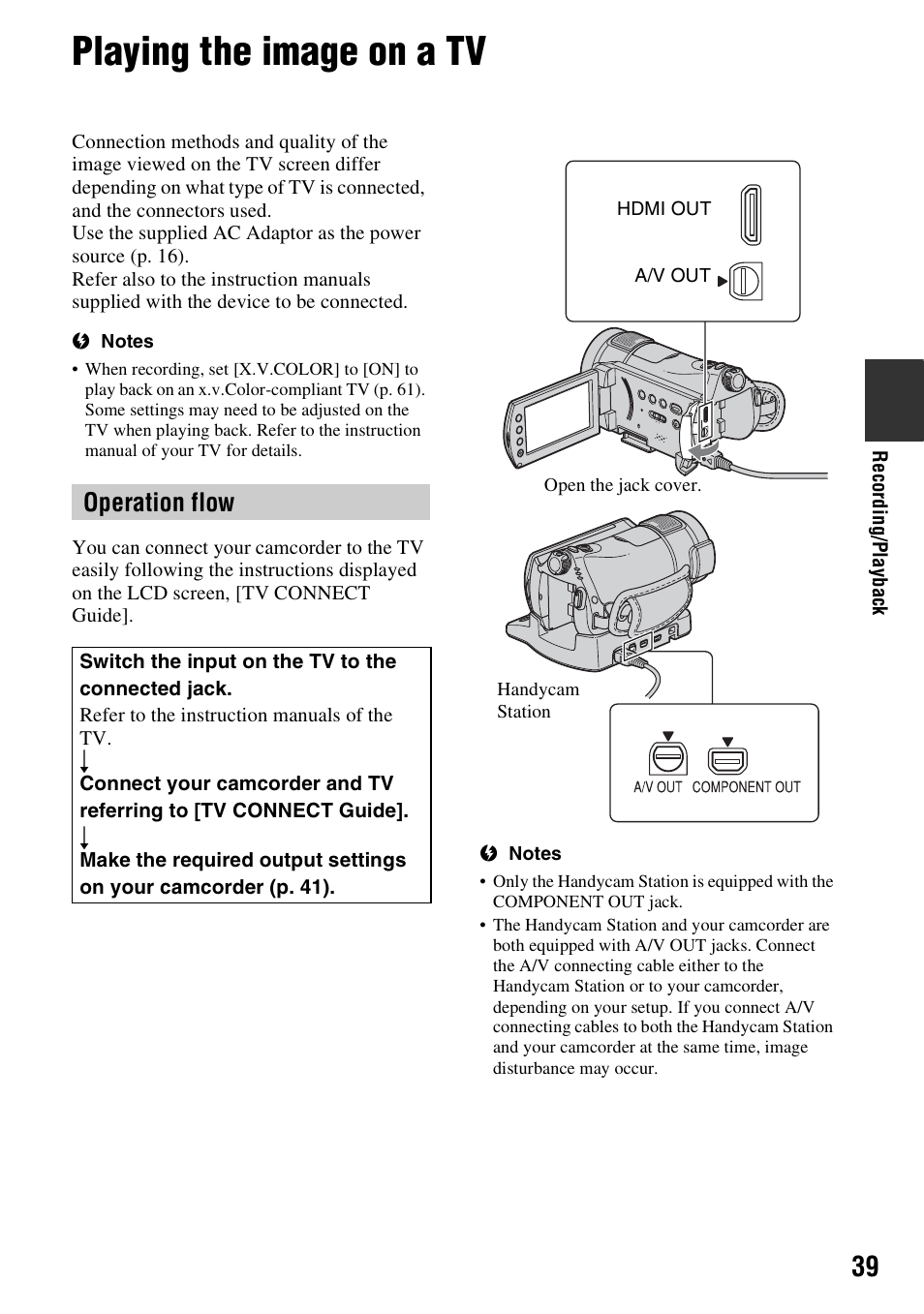Playing the image on a tv, Tv (p. 39), P. 39) | Operation flow | Sony HDR-CX7 User Manual | Page 39 / 109