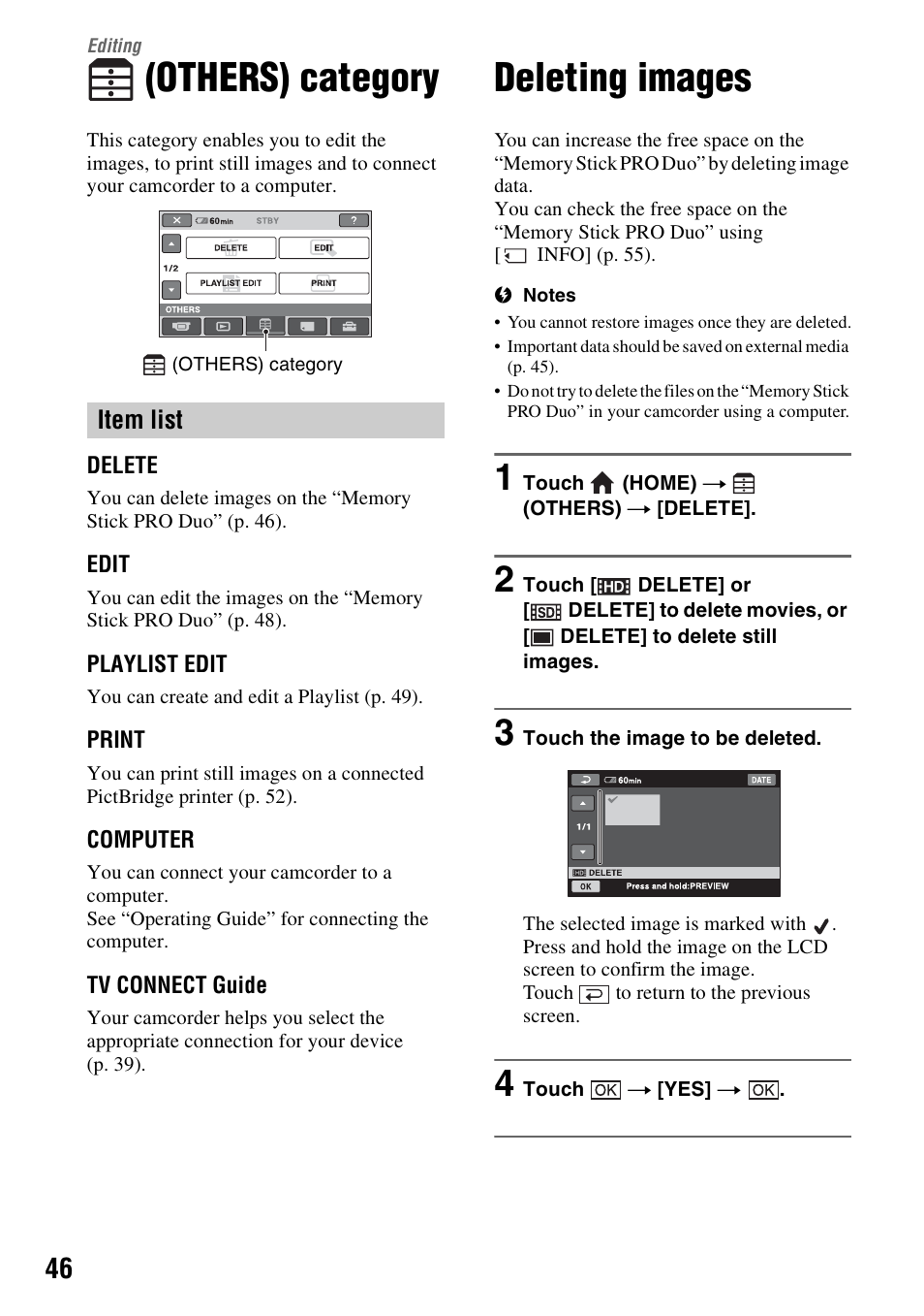 Editing, Others) category, Deleting images | P. 46), Item list | Sony HDR-CX7 User Manual | Page 46 / 109