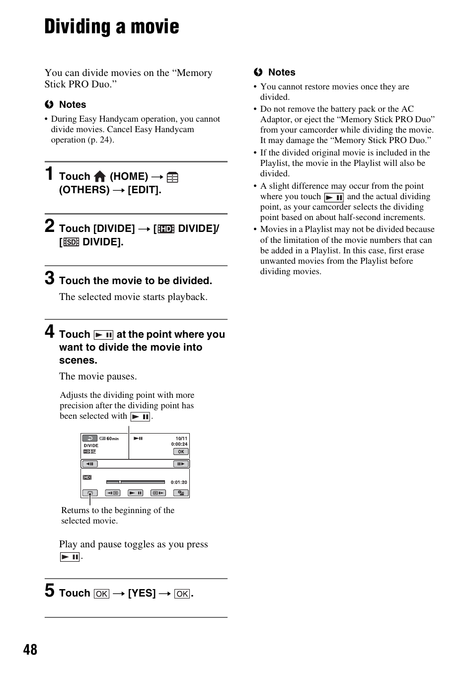 Dividing a movie, O” (p. 48 | Sony HDR-CX7 User Manual | Page 48 / 109