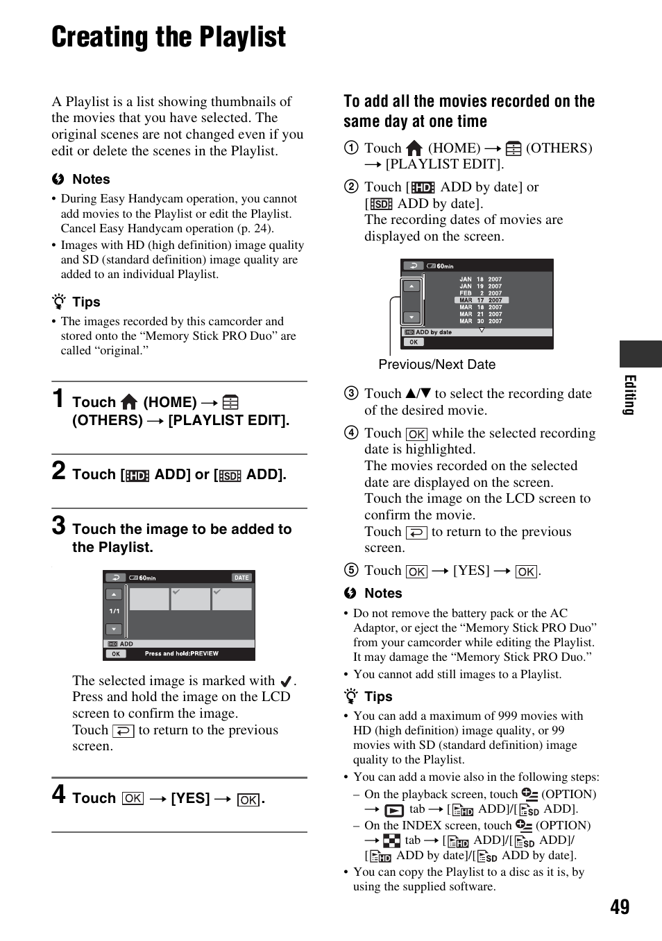 Creating the playlist, P. 49) | Sony HDR-CX7 User Manual | Page 49 / 109