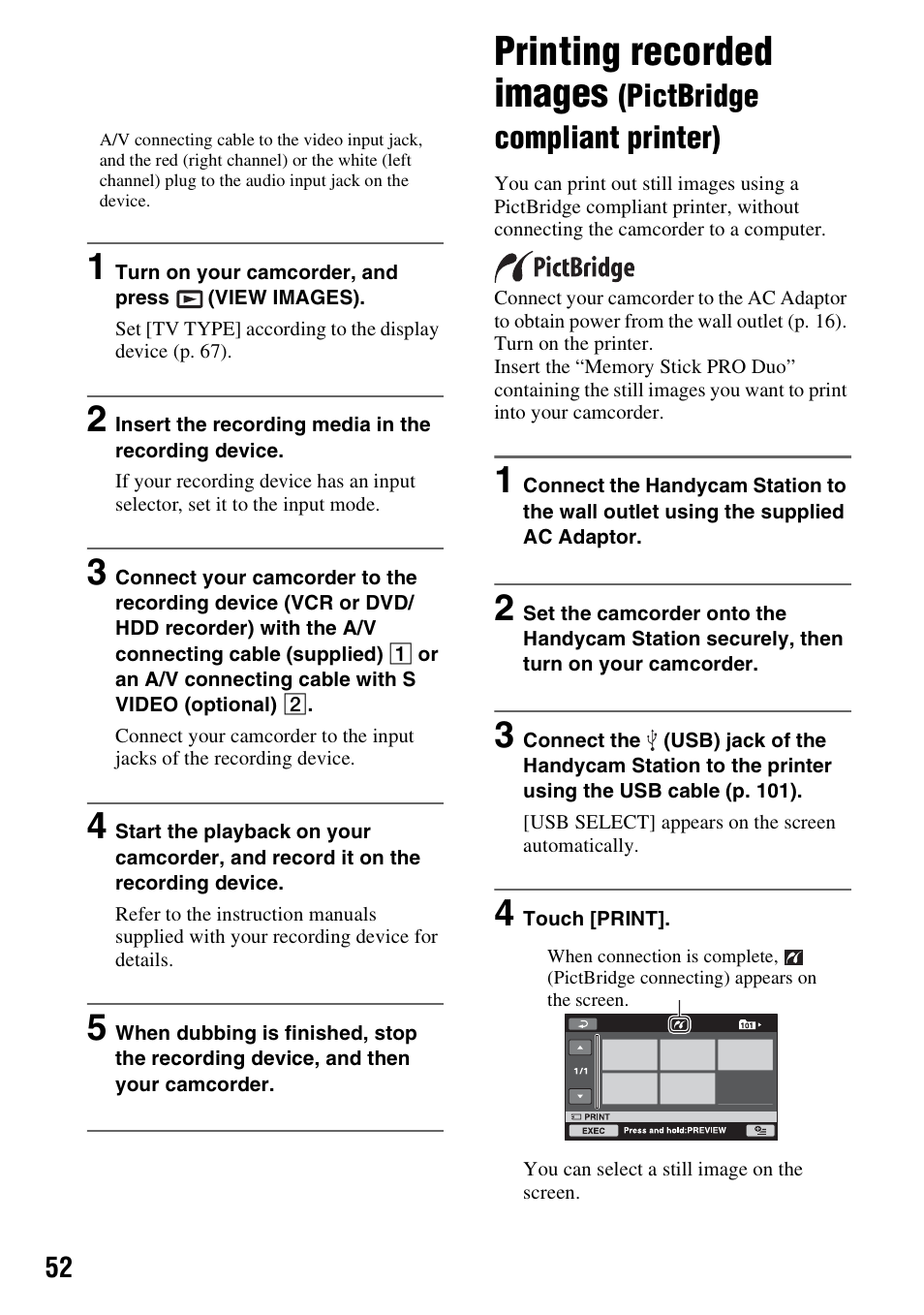 Printing recorded images (pictbridge, Compliant printer), E (1) (p. 52) | P. 52, Printing recorded images, Pictbridge compliant printer) | Sony HDR-CX7 User Manual | Page 52 / 109