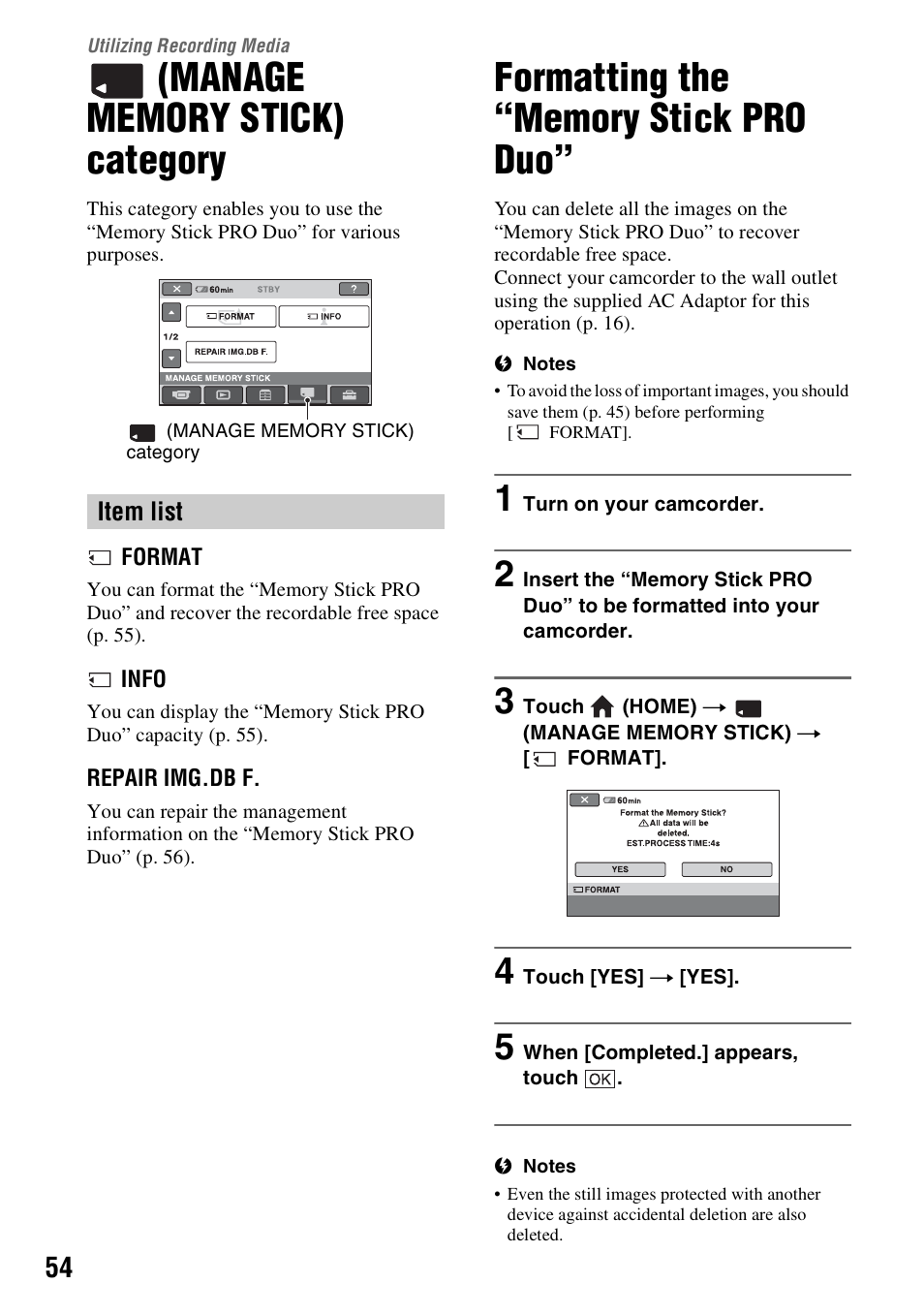 Utilizing recording media, Manage memory stick) category, Formatting the “memory stick pro duo | Manage memory stick), Category, Formatting the “memory stick pro, P. 54) | Sony HDR-CX7 User Manual | Page 54 / 109