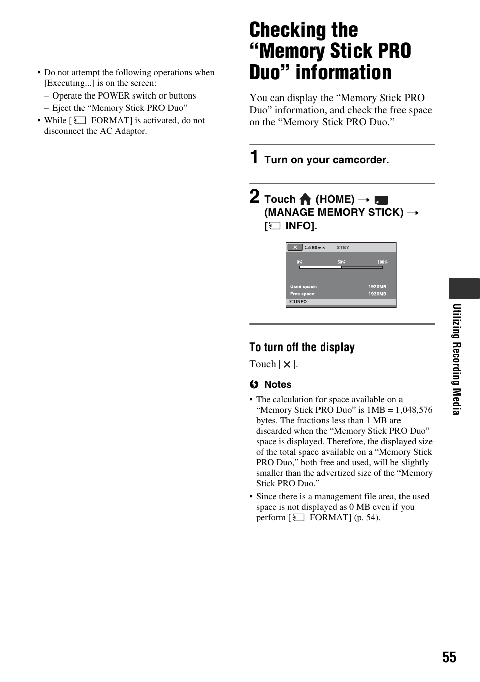 Checking the “memory stick pro duo” information, Checking the “memory stick pro, Duo” information | Nfo] (p. 55, P. 55, P. 55) | Sony HDR-CX7 User Manual | Page 55 / 109