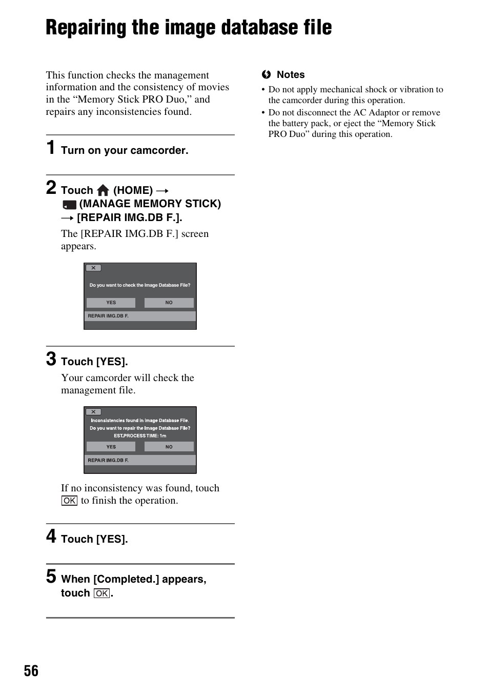 Repairing the image database file, P. 56 | Sony HDR-CX7 User Manual | Page 56 / 109
