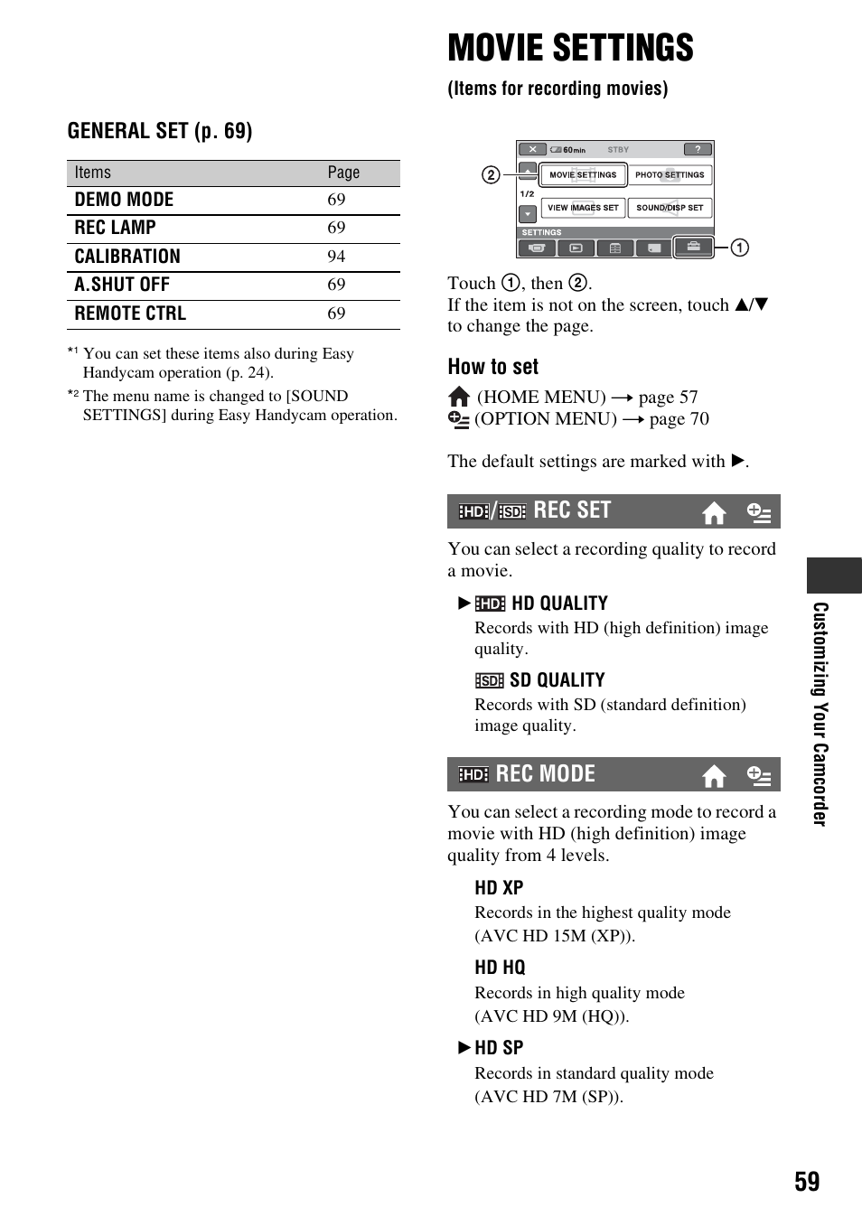 Movie settings, Items for recording movies), Lity (p. 59) | P. 59, Ing (p. 59), Rec set rec mode | Sony HDR-CX7 User Manual | Page 59 / 109