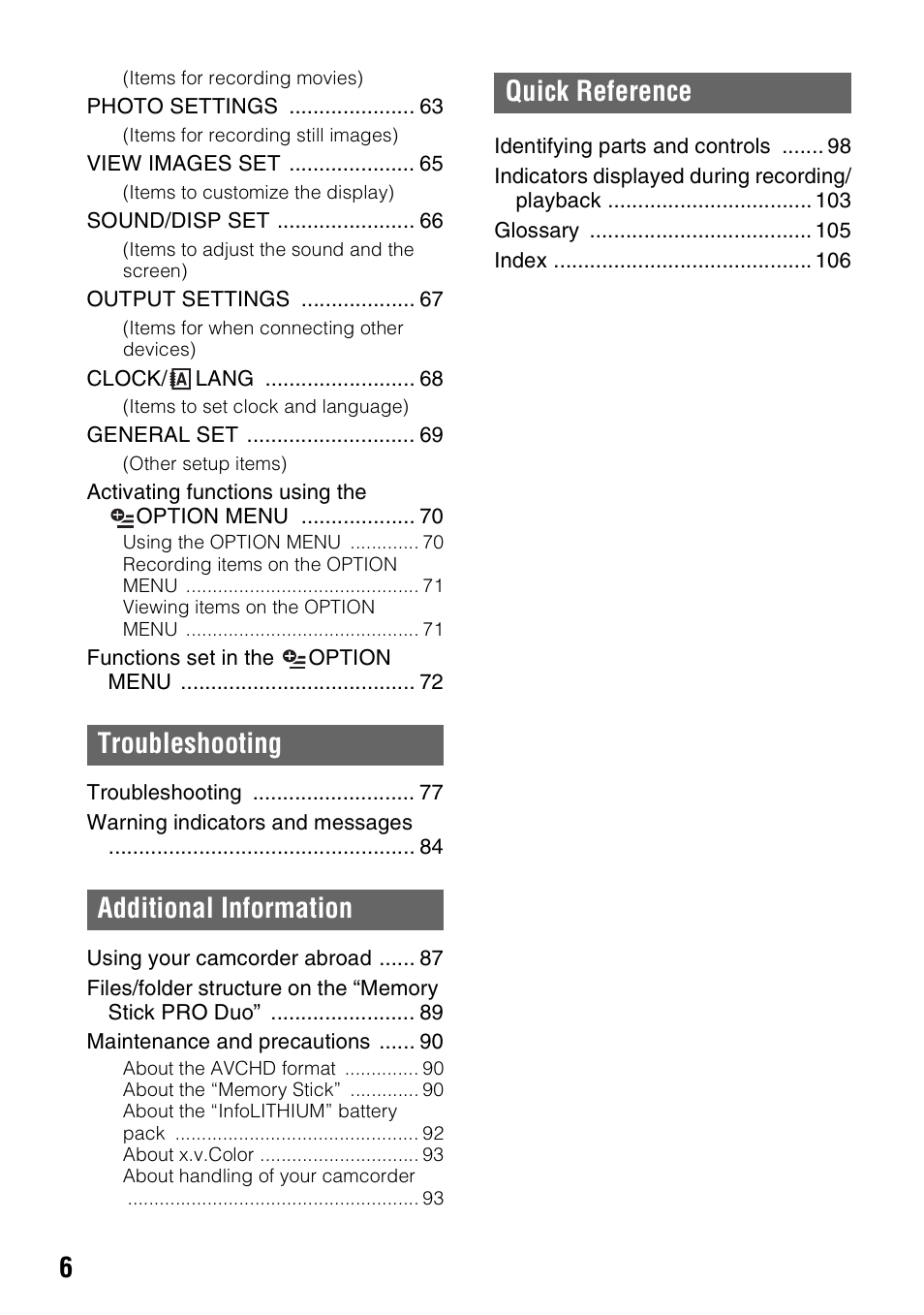 Sony HDR-CX7 User Manual | Page 6 / 109