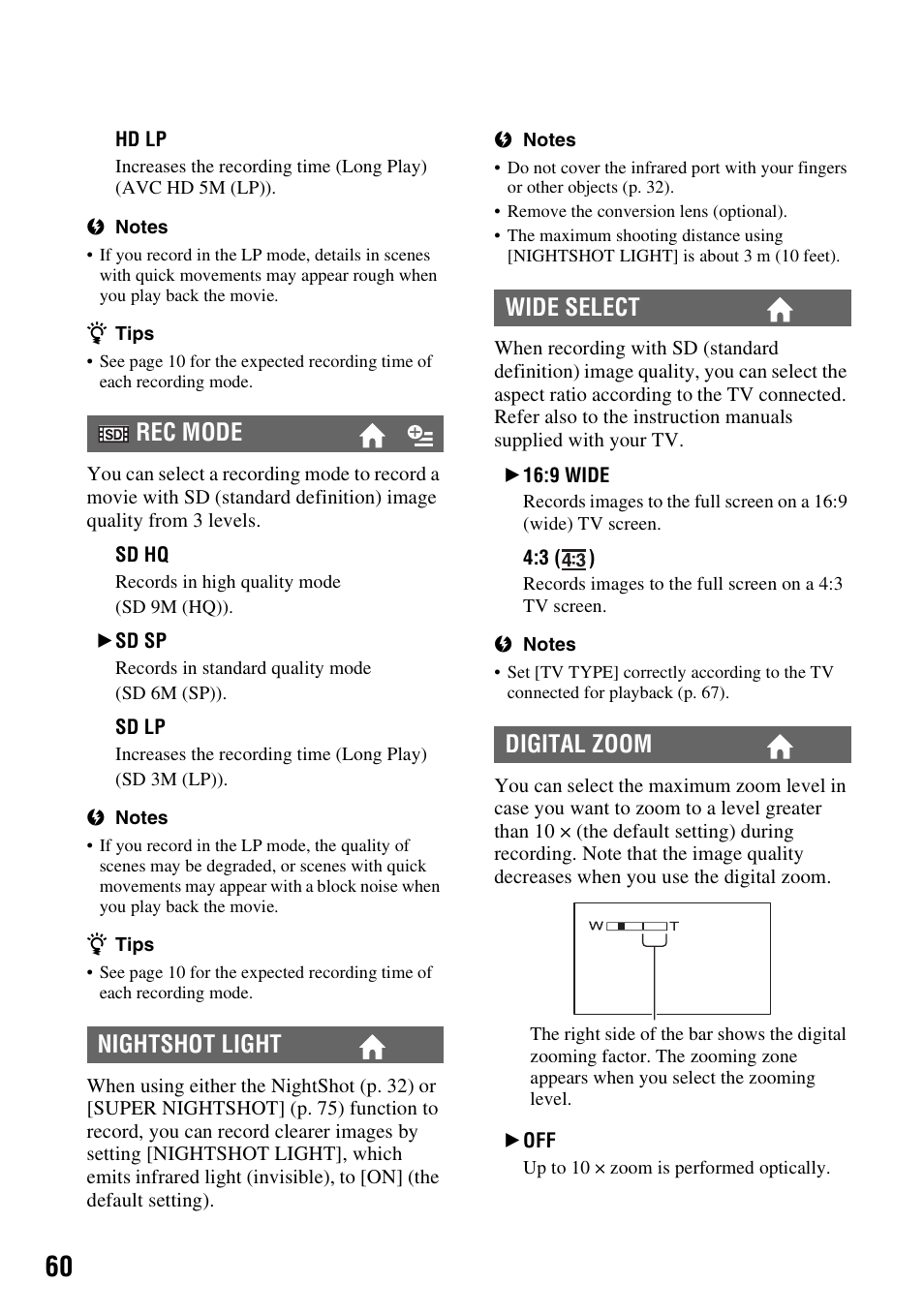 Rec mode nightshot light wide select digital zoom | Sony HDR-CX7 User Manual | Page 60 / 109