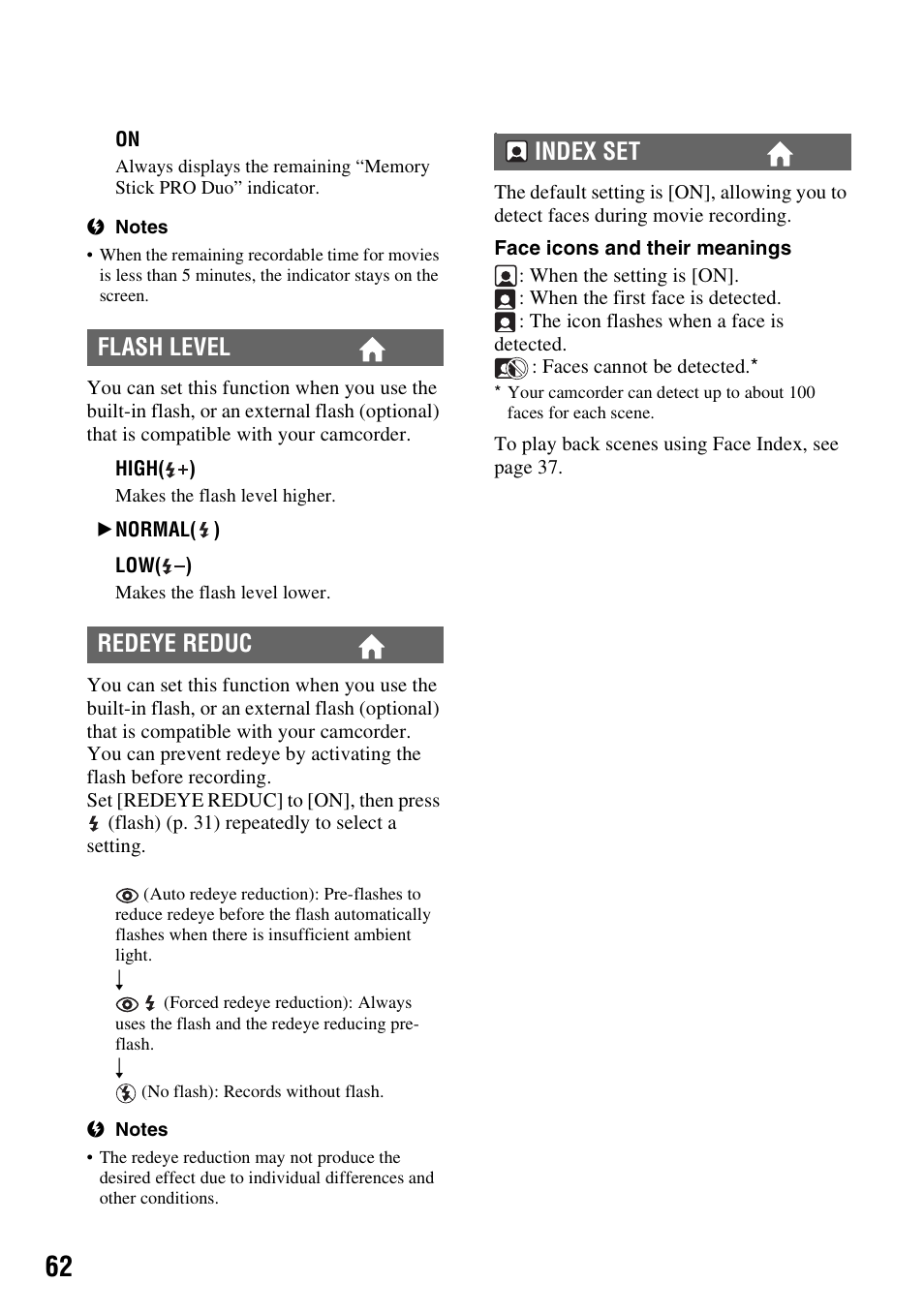 P. 62), Flash level redeye reduc index set | Sony HDR-CX7 User Manual | Page 62 / 109