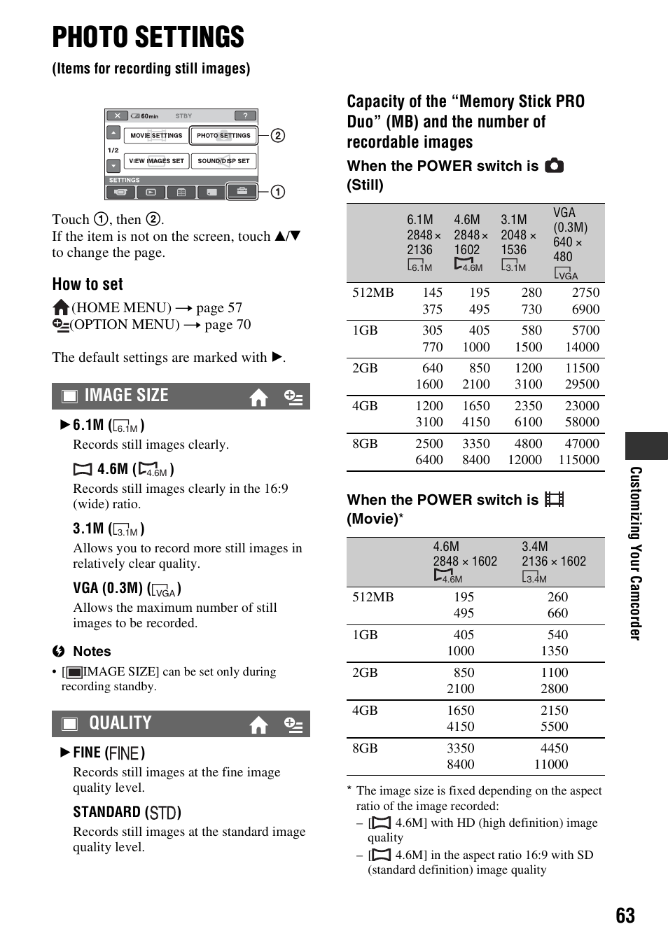 Photo settings, Items for recording still images), P. 63) | Image size quality, How to set | Sony HDR-CX7 User Manual | Page 63 / 109