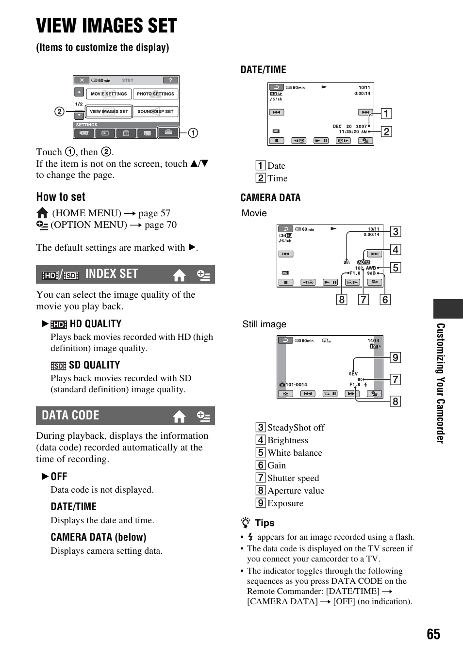 View images set, Items to customize the display), P. 65) | T (p. 65), Index set data code | Sony HDR-CX7 User Manual | Page 65 / 109