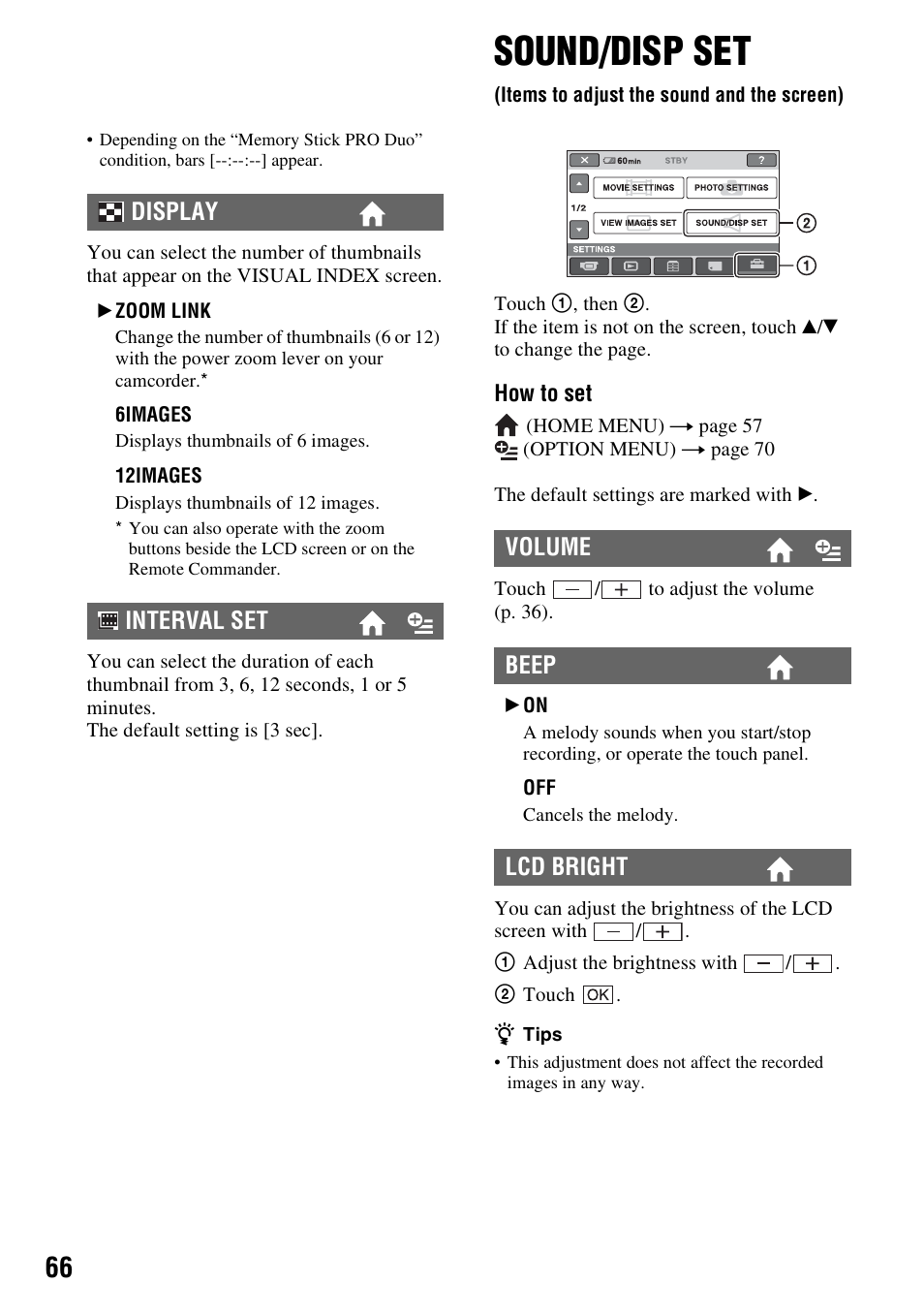 Sound/disp set, Items to adjust the sound and the screen), P. 66) | Sony HDR-CX7 User Manual | Page 66 / 109