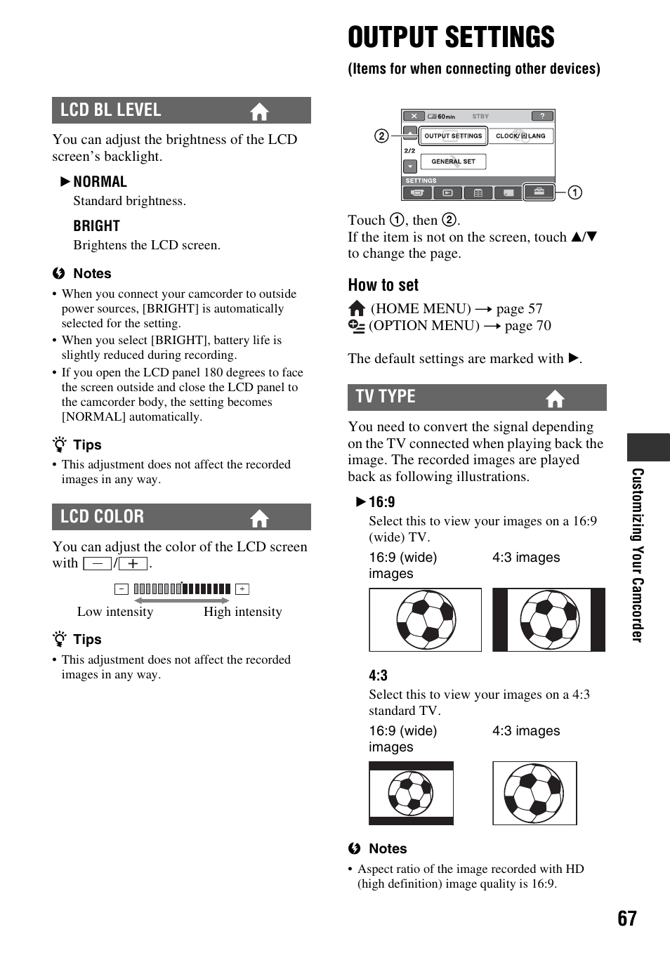Output settings, Items for when connecting other devices), P. 67 | P. 67), Lcd bl level lcd color, Tv type | Sony HDR-CX7 User Manual | Page 67 / 109