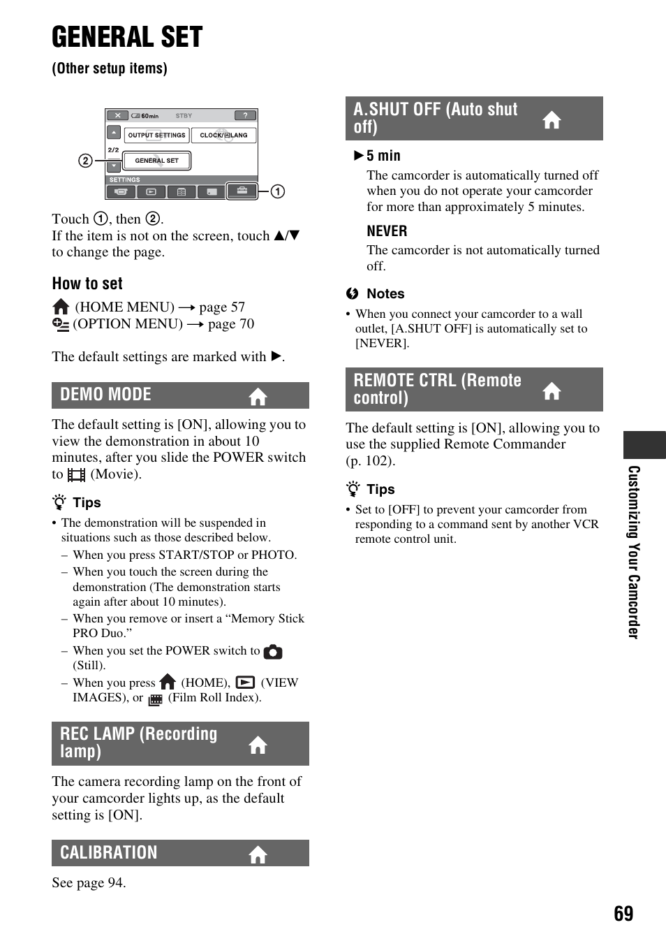 General set, Other setup items), P. 69) | Demo mode rec lamp (recording lamp) calibration | Sony HDR-CX7 User Manual | Page 69 / 109