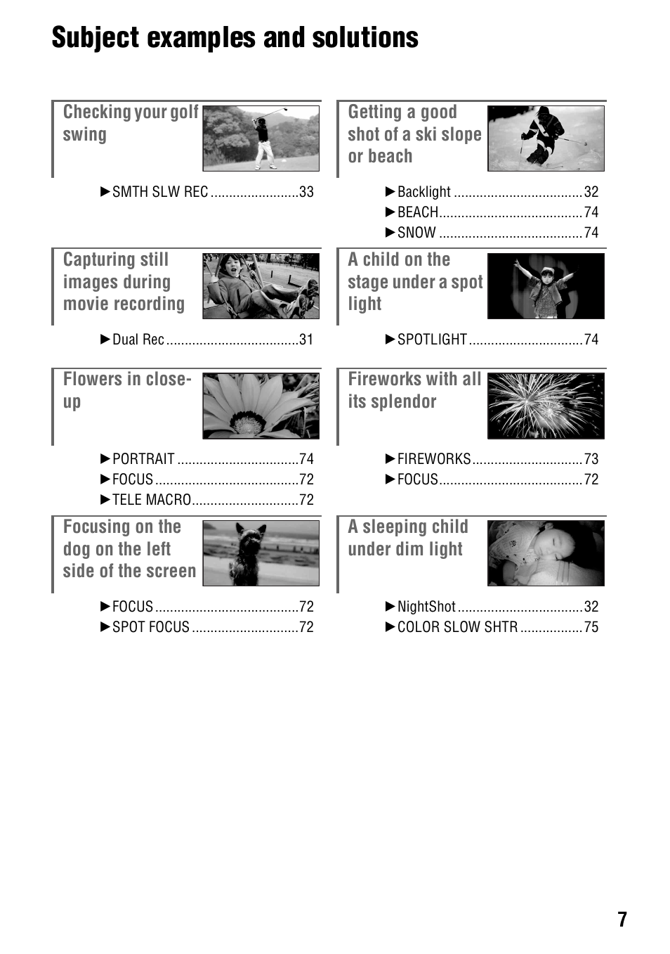 Subject examples and solutions | Sony HDR-CX7 User Manual | Page 7 / 109