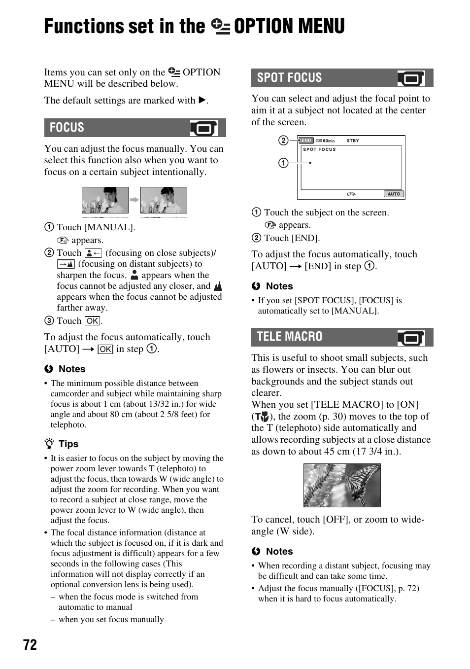Functions set in the option menu, Functions set in the, Option | Menu, Focus spot focus tele macro | Sony HDR-CX7 User Manual | Page 72 / 109