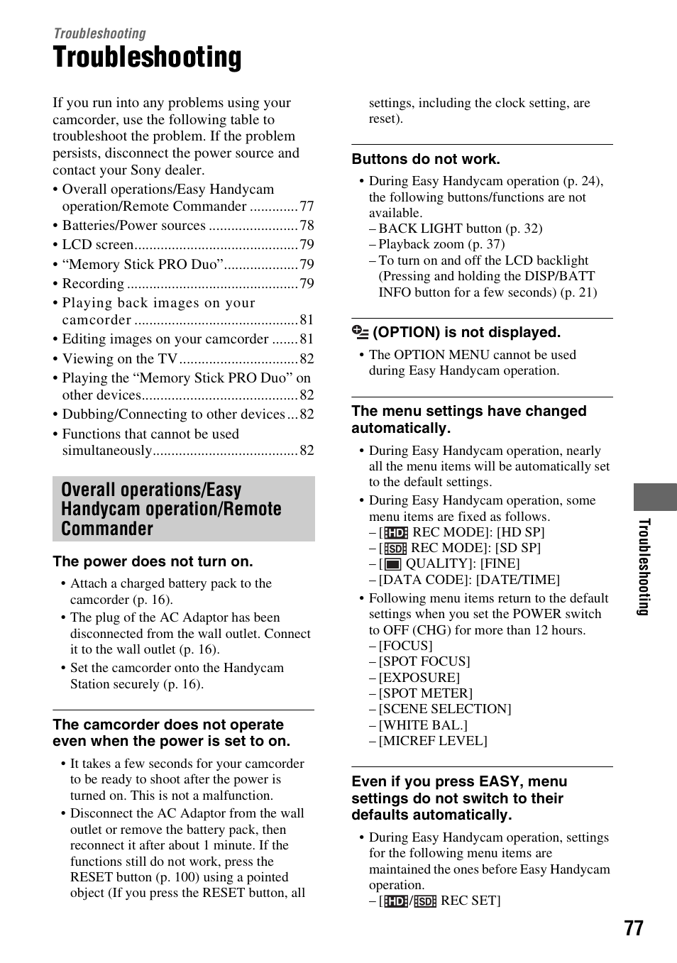 Troubleshooting, P. 77) | Sony HDR-CX7 User Manual | Page 77 / 109