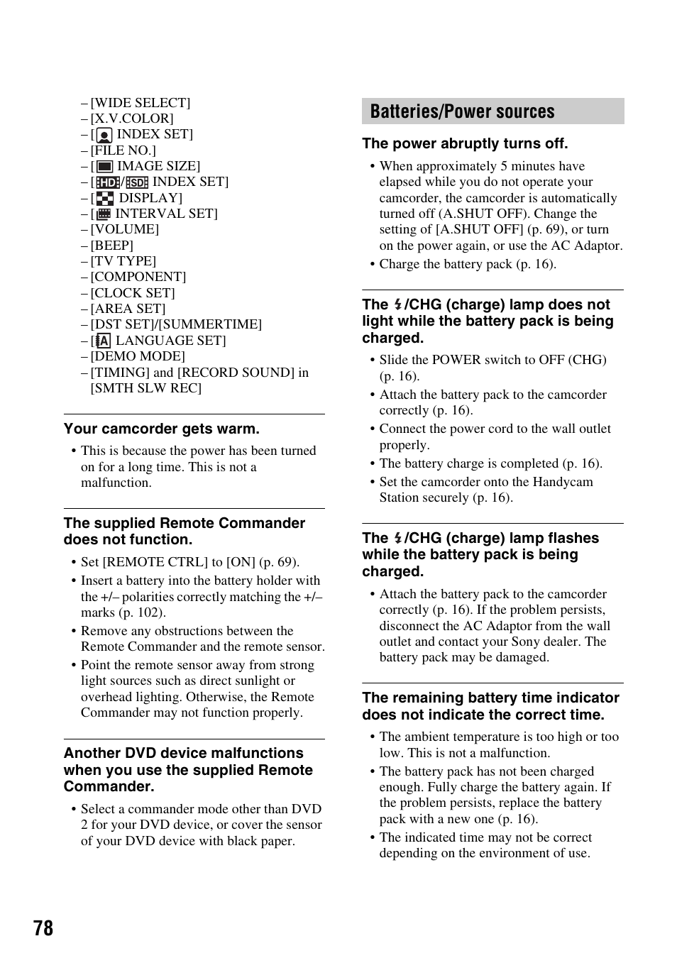 Batteries/power sources | Sony HDR-CX7 User Manual | Page 78 / 109