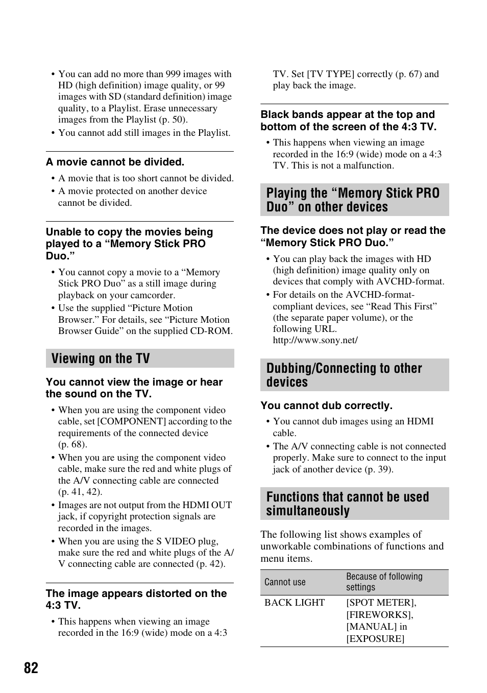 Viewing on the tv, Playing the “memory stick pro duo” on, Other devices | Dubbing/connecting to other devices, Functions that cannot be used, Simultaneously, P. 82) | Sony HDR-CX7 User Manual | Page 82 / 109