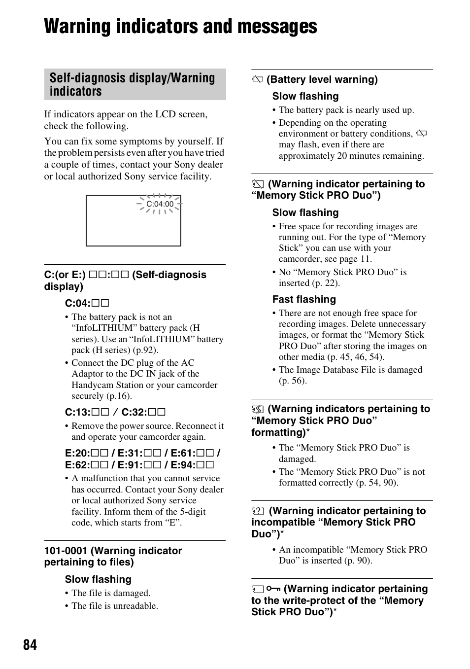 Warning indicators and messages, P. 84), Self-diagnosis display/warning indicators | Sony HDR-CX7 User Manual | Page 84 / 109