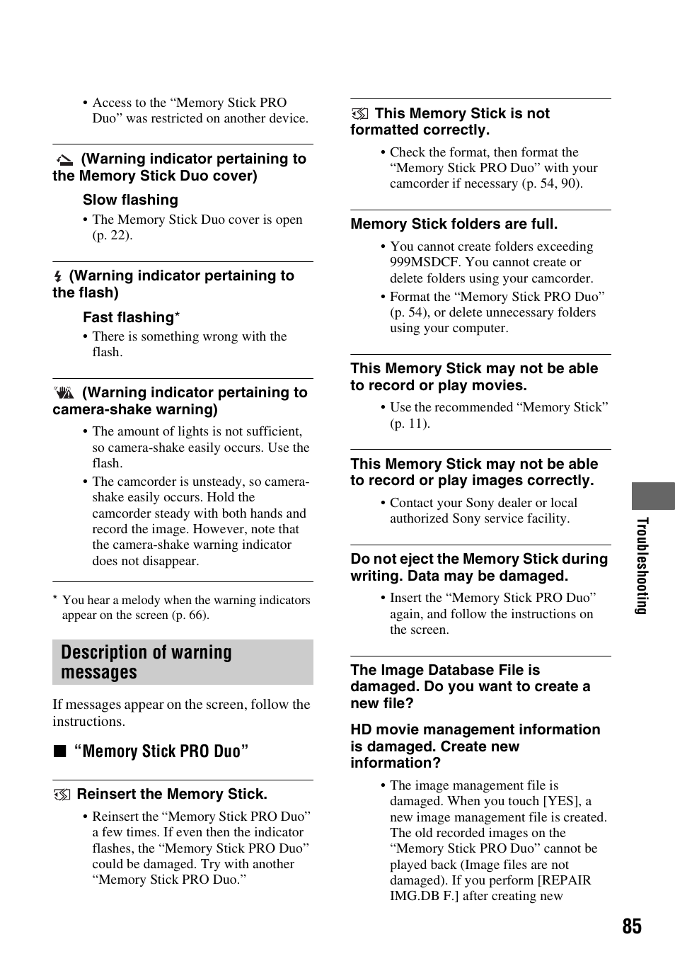 Description of warning messages | Sony HDR-CX7 User Manual | Page 85 / 109