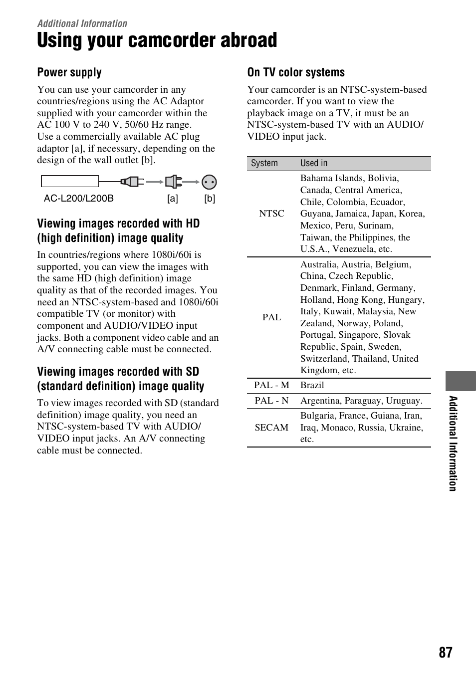 Additional information, Using your camcorder abroad, Additional | Information | Sony HDR-CX7 User Manual | Page 87 / 109