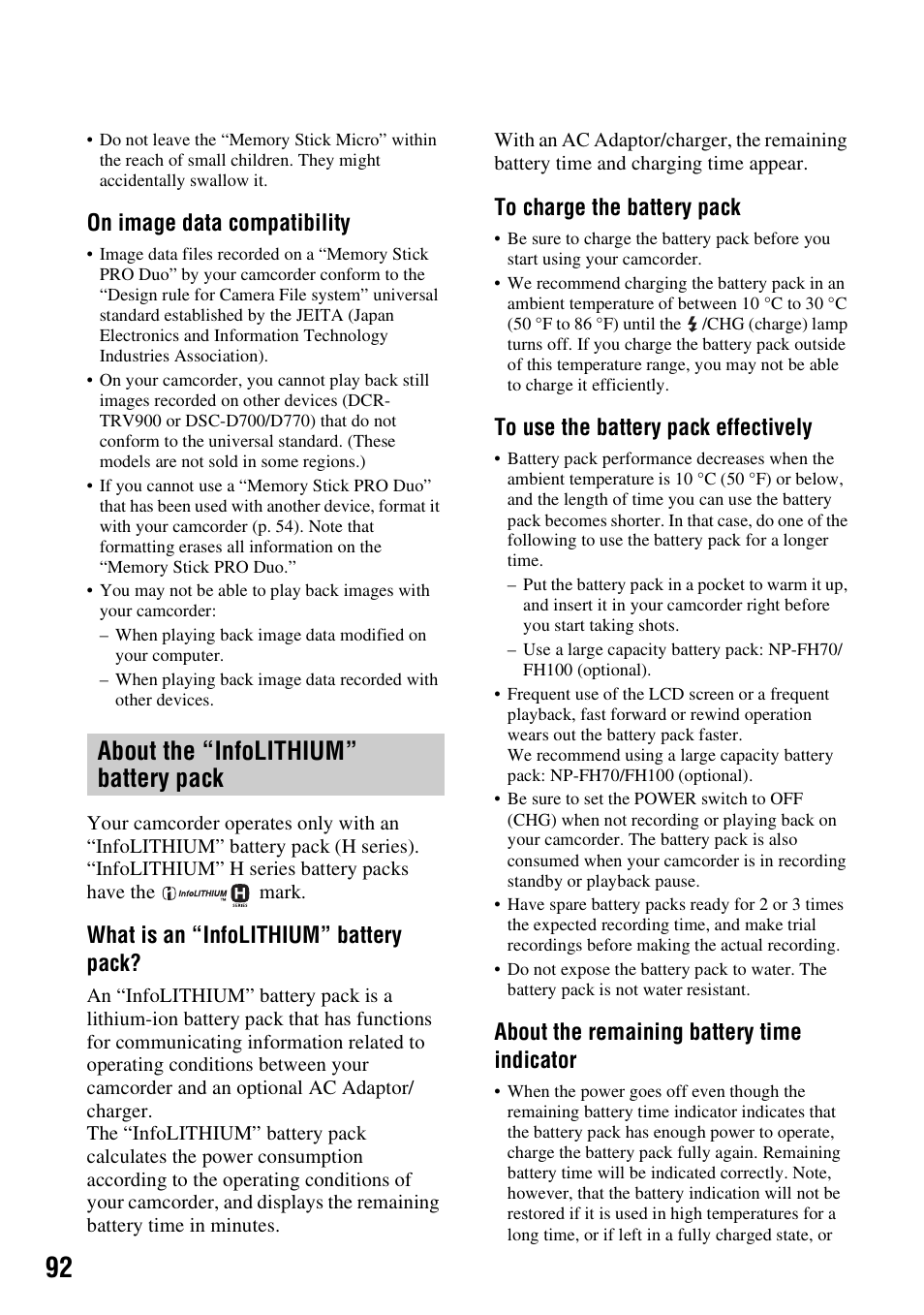 About the “infolithium” battery pack, P. 92, P. 92) | P.92, On image data compatibility, What is an “infolithium” battery pack, About the remaining battery time indicator | Sony HDR-CX7 User Manual | Page 92 / 109