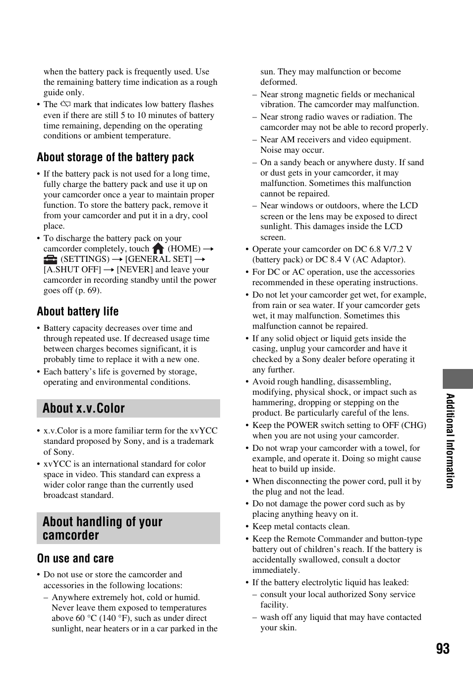 About x.v.color, About handling of your camcorder, P. 93) | About x.v.color about handling of your camcorder, About storage of the battery pack, About battery life, On use and care | Sony HDR-CX7 User Manual | Page 93 / 109