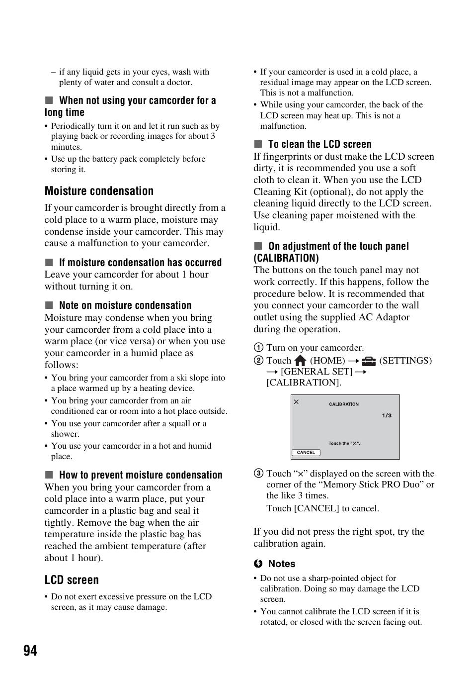 P. 94), P. 94, Moisture condensation | Lcd screen | Sony HDR-CX7 User Manual | Page 94 / 109