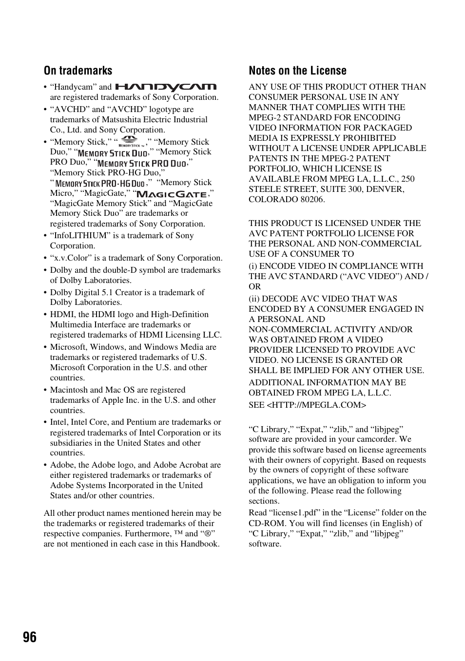 On trademarks | Sony HDR-CX7 User Manual | Page 96 / 109