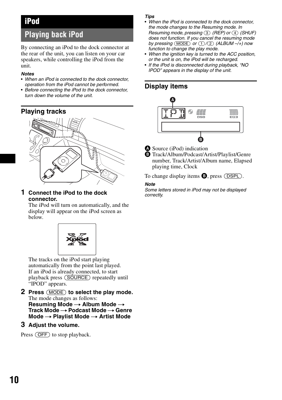Ipod, Playing back ipod, Playing tracks | Display items, Playing tracks display items, Ipod playing back ipod | Sony CDX-GT62IPW User Manual | Page 10 / 44