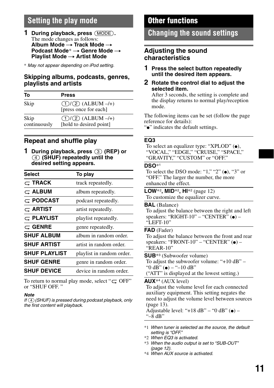 Setting the play mode, Repeat and shuffle play, Other functions | Changing the sound settings, Adjusting the sound characteristics, Other functions changing the sound settings | Sony CDX-GT62IPW User Manual | Page 11 / 44