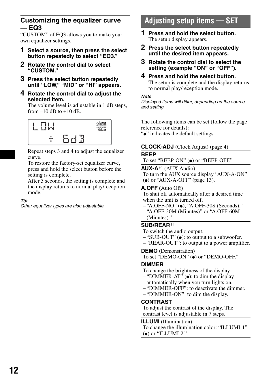 Customizing the equalizer curve - eq3, Adjusting setup items - set, Customizing the equalizer curve — eq3 | Adjusting setup items — set | Sony CDX-GT62IPW User Manual | Page 12 / 44