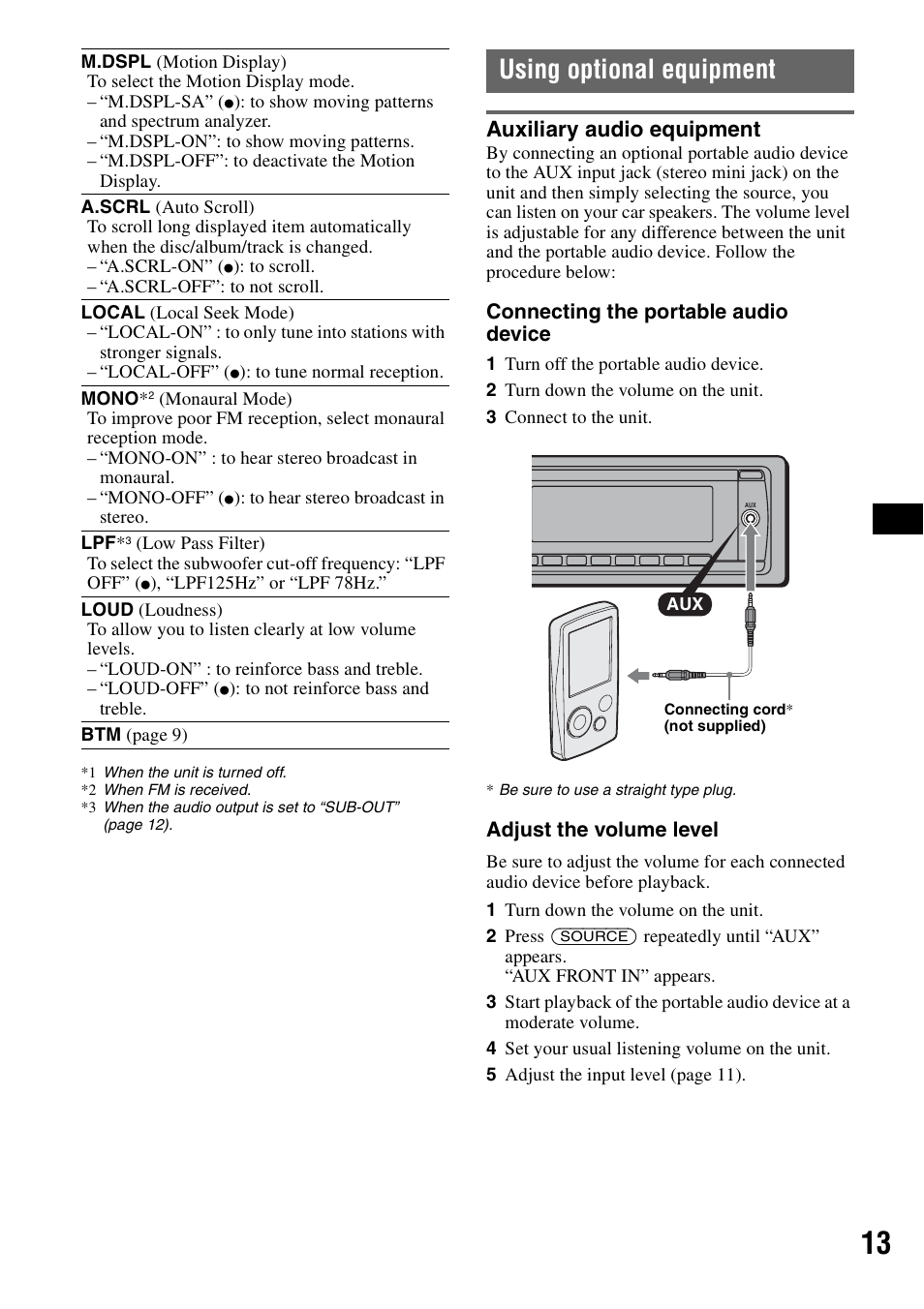 Using optional equipment, Auxiliary audio equipment | Sony CDX-GT62IPW User Manual | Page 13 / 44