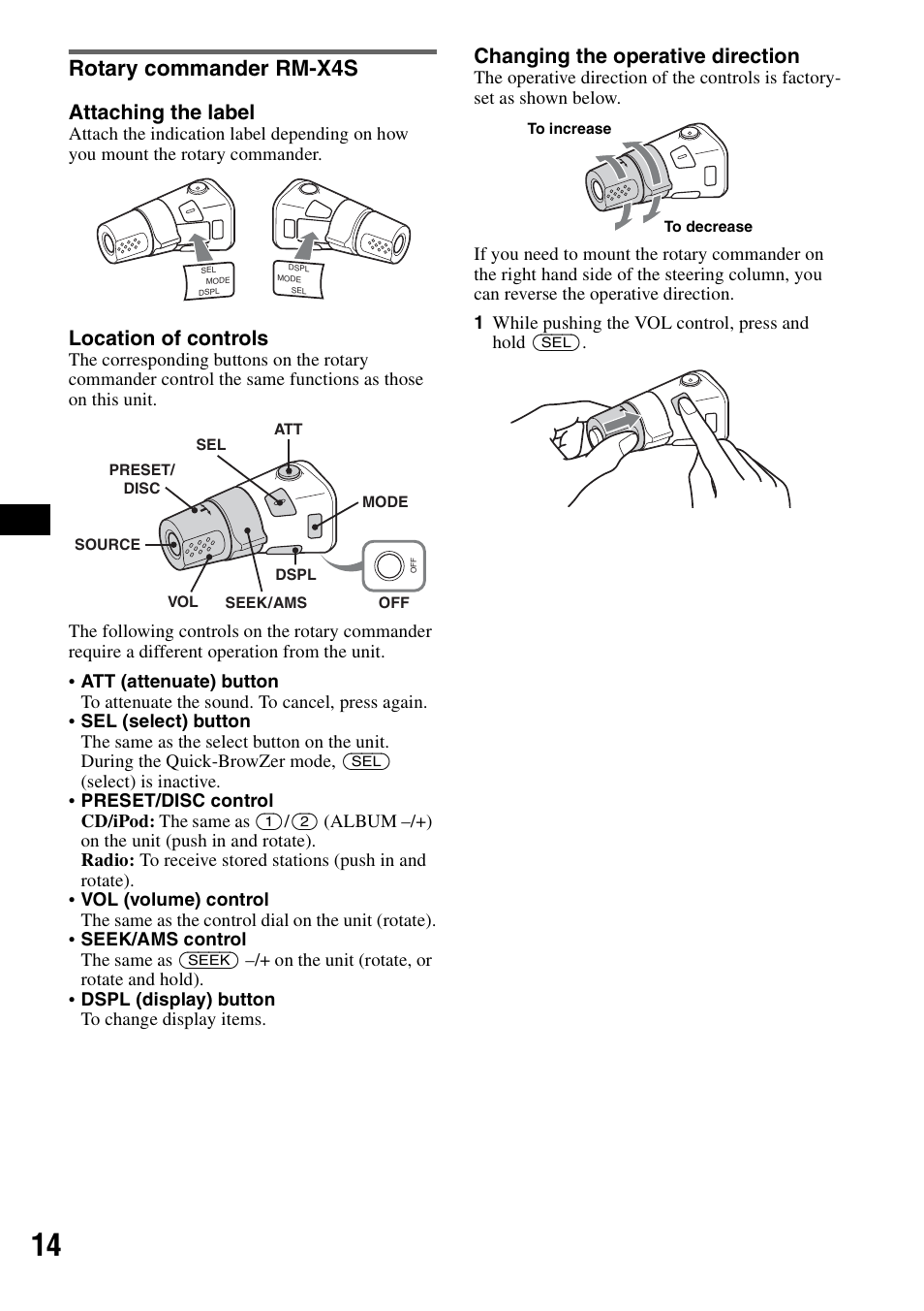 Rotary commander rm-x4s, Attaching the label, Location of controls | Changing the operative direction | Sony CDX-GT62IPW User Manual | Page 14 / 44