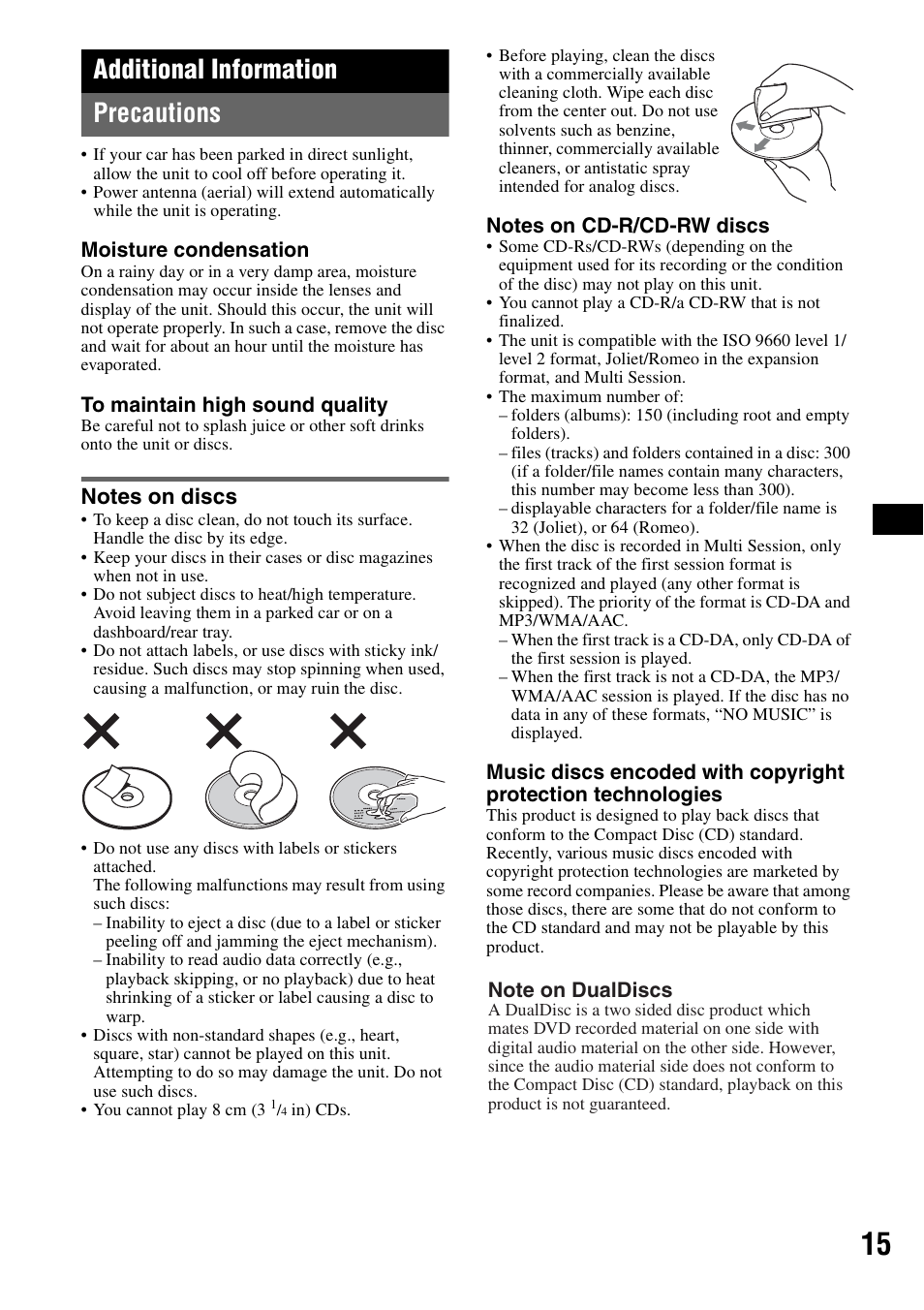 Additional information, Precautions, Notes on discs | Additional information precautions | Sony CDX-GT62IPW User Manual | Page 15 / 44